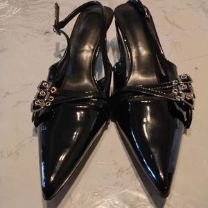 Zella Shiny Black Pointed Slingback Heels